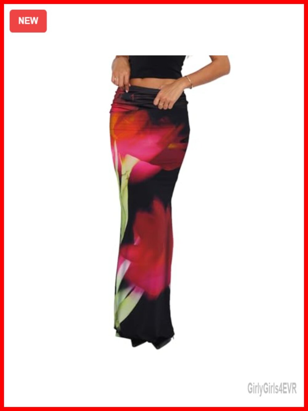 Bodycon Maxi Skirt Foldover High Waist Floral Leopard Print Y2K Long